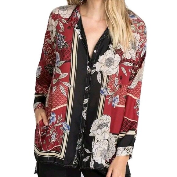 Johnny Was 100% Silk Crane Mallory Shirt Tunic Size XL Open Neckline Long Sleeve - Picture 1 of 11